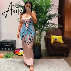 Sexy Women Dress Print Suspender Sleeveless Length Dress Slim Backless Summer Party Club Straight Dress Aiertu