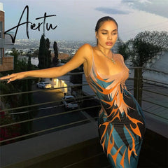 Sexy Women Dress Print Suspender Sleeveless Length Dress Slim Backless Summer Party Club Straight Dress Aiertu