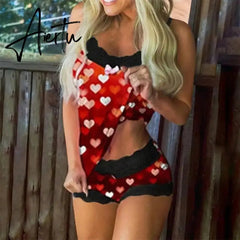 Sexy Women Pajamas Set Elegant Strap V-Neck Lace Sleeveless Tops Mini Shorts Suits Sweet Pink Bowknot Pyjama Home Sleepwear Sets Aiertu
