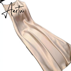 Sexy Women Sling Dress V Neck Backless Spaghetti Straps Large Hem Solid Color Ladies Satin Banquet Maxi Dresses Aiertu