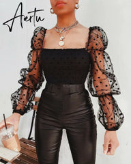 Sexy Women Wrinkled Backless Blouse Shirt Mesh Sheer Puff Sleeve Wrap Chest Tops Spring Summer Ladies Dots Blouse Aiertu