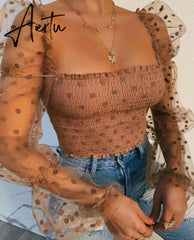 Sexy Women Wrinkled Backless Blouse Shirt Mesh Sheer Puff Sleeve Wrap Chest Tops Spring Summer Ladies Dots Blouse Aiertu