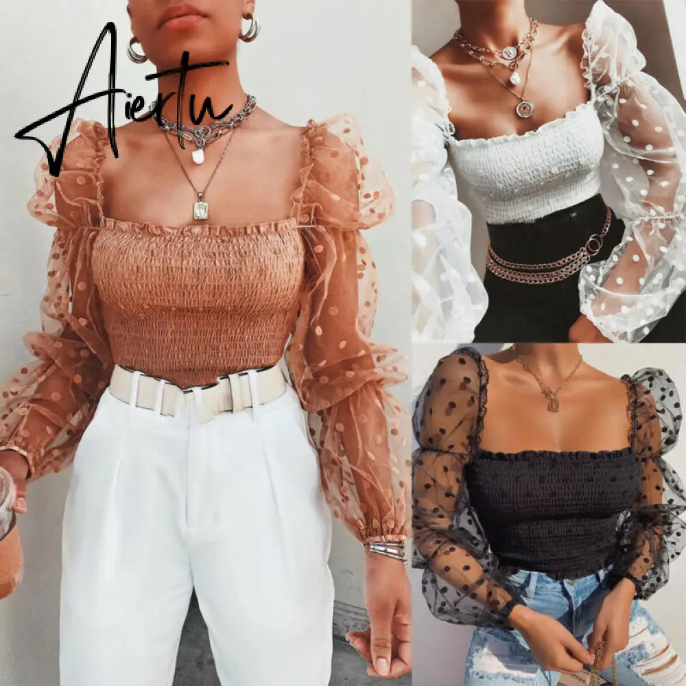 Sexy Women Wrinkled Backless Blouse Shirt Mesh Sheer Puff Sleeve Wrap Chest Tops Spring Summer Ladies Dots Blouse Aiertu