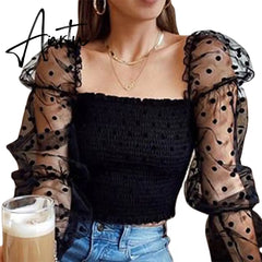Sexy Women Wrinkled Backless Blouse Shirt Mesh Sheer Puff Sleeve Wrap Chest Tops Spring Summer Ladies Dots Blouse Aiertu