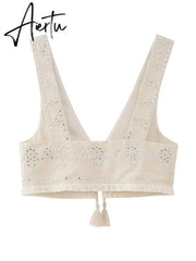 Sexy Y2K Embroidery Women V Neck Vest Lightweight Sleeveless Tassels Hem Slim Waistcoats Summer Fashion Female Crop Top Aiertu