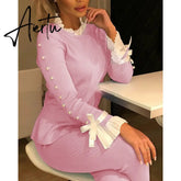 Shirts Bowknot Buttoned Cuff Slim Blouse Autumn Long Sleeve Women Tops Casual Elegant Knit Wild Office Splicing Blouses Aiertu
