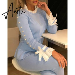 Shirts Bowknot Buttoned Cuff Slim Blouse Autumn Long Sleeve Women Tops Casual Elegant Knit Wild Office Splicing Blouses Aiertu