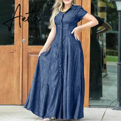 Short Sleeve Female Dress With Pockets Loose Big Swing Clothing Denim Elegant Casual Outfits Solid Color Long Dresses Plus Size Aiertu