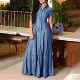 Short Sleeve Female Dress With Pockets Loose Big Swing Clothing Denim Elegant Casual Outfits Solid Color Long Dresses Plus Size Aiertu