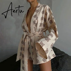 Shorts Set Homewear Fashion Loose Print 2 Piece Sets Womens Outfits Casual Lace Up Long Sleeve Robes With High Waist Pajama Aiertu