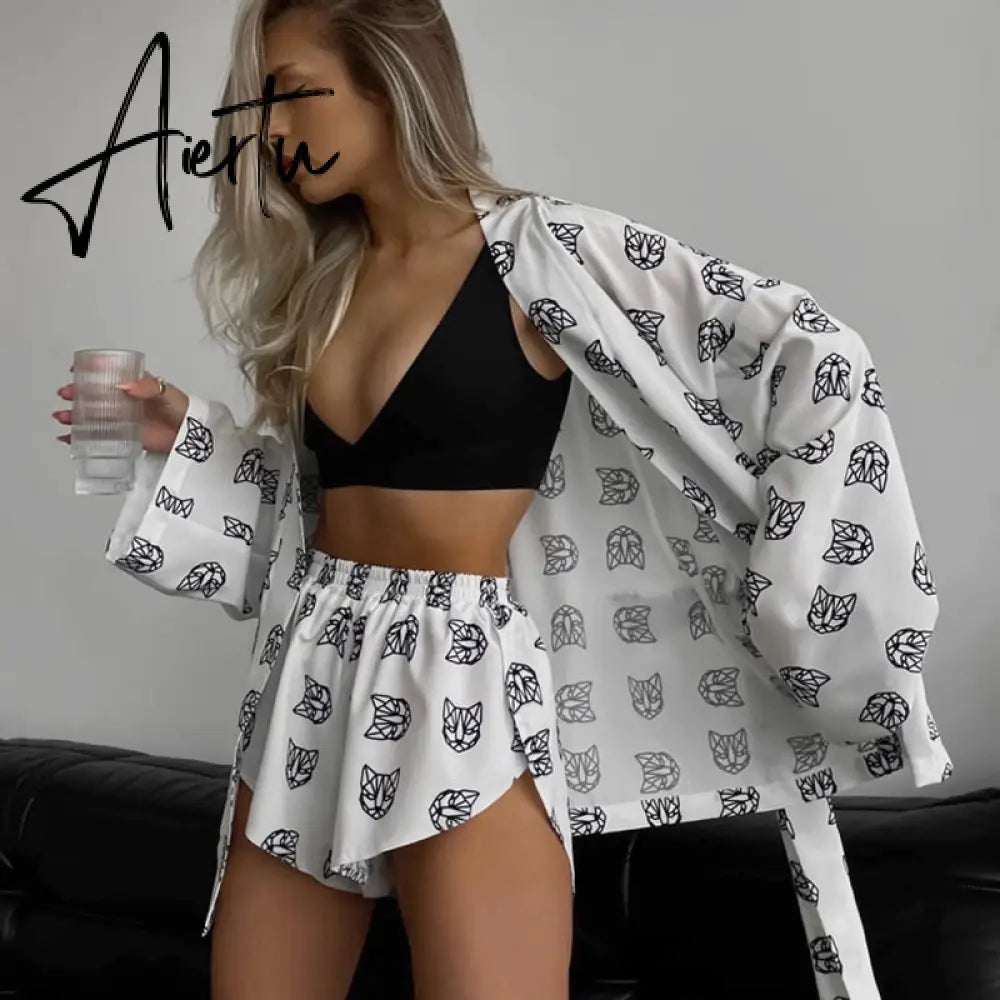 Shorts Set Homewear Fashion Loose Print 2 Piece Sets Womens Outfits Casual Lace Up Long Sleeve Robes With High Waist Pajama Aiertu