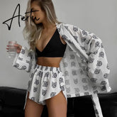 Shorts Set Homewear Fashion Loose Print 2 Piece Sets Womens Outfits Casual Lace Up Long Sleeve Robes With High Waist Pajama Aiertu