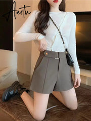 Shorts Women Elegant Korean Style Trendy Office Simple High Waist All-match Mature Tender Ladies Spring Pure Color New Design Aiertu