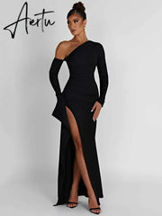 Shoulder Thigh High Split Maxi Dress Women Long Sleeve Backless Bodycon Sexy Club Party Long Dress Vestidos Aiertu