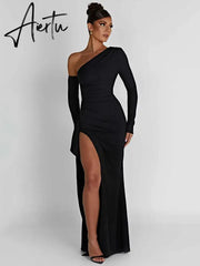Shoulder Thigh High Split Maxi Dress Women Long Sleeve Backless Bodycon Sexy Club Party Long Dress Vestidos Aiertu