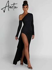 Shoulder Thigh High Split Maxi Dress Women Long Sleeve Backless Bodycon Sexy Club Party Long Dress Vestidos Aiertu