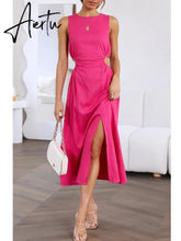 Side Waist Cut Out Back Zip Women Summer Beach Dress Sleeveless Split Midi Tank Rose Red Female Vestido Robe Casual Aiertu