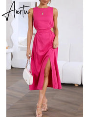 Side Waist Cut Out Back Zip Women Summer Beach Dress Sleeveless Split Midi Tank Rose Red Female Vestido Robe Casual Aiertu