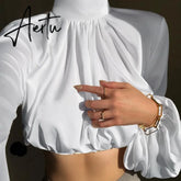 Silk White Black Cropped Top Ladies Blouse Puff Sleeve Ruched Turtleneck Women Long Sleeve Shirt Casual Sexy Loose Top Aiertu
