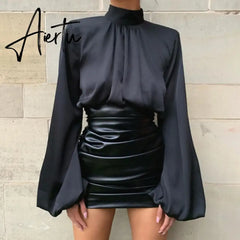Silk White Black Cropped Top Ladies Blouse Puff Sleeve Ruched Turtleneck Women Long Sleeve Shirt Casual Sexy Loose Top Aiertu