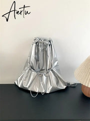 Silver Big Travel Drawstring Back Pack Leather Korean Fashion Backpack for Women School Bags for Teenagers Girls Aiertu