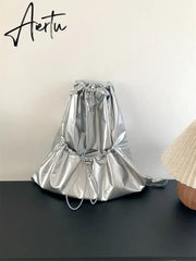 Silver Big Travel Drawstring Back Pack Leather Korean Fashion Backpack for Women School Bags for Teenagers Girls Aiertu