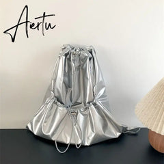 Silver Big Travel Drawstring Back Pack Leather Korean Fashion Backpack for Women School Bags for Teenagers Girls Aiertu