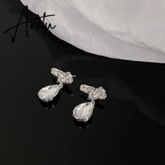 Silver Color Water Drop CZ Zirconia Dangle Earrings For Women Crystal Teardrop Earrings Bridal Wedding Jewelry Brinco Aiertu