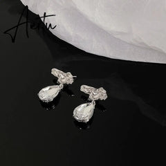 Silver Color Water Drop CZ Zirconia Dangle Earrings For Women Crystal Teardrop Earrings Bridal Wedding Jewelry Brinco Aiertu