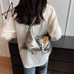 Silver Leather Crossbody Bags for Women Luxury Y2k Korean Fashion Underarm Shoulder Bag Female Armpit Bag Handbags Aiertu