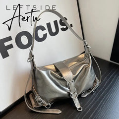 Silver Leather Crossbody Bags for Women Luxury Y2k Korean Fashion Underarm Shoulder Bag Female Armpit Bag Handbags Aiertu