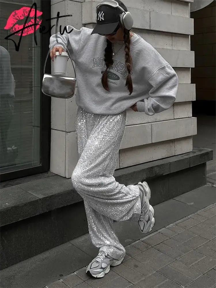 Silver Sequin Female Trousers High Waist Casual Luxury Party Outfit Trousers Fashion High Street Sparkle Straight Legg New Aiertu