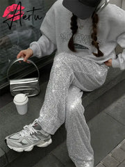 Silver Sequin Female Trousers High Waist Casual Luxury Party Outfit Trousers Fashion High Street Sparkle Straight Legg New Aiertu
