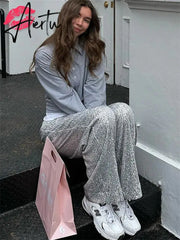 Silver Sequin Female Trousers High Waist Casual Luxury Party Outfit Trousers Fashion High Street Sparkle Straight Legg New Aiertu