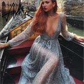 Silver Sexy Party Dress Hot Sequined Dress Women Mesh Overlay Maxi Dress Summer Backless Long Sleeve V-neck Dress Vestidos Aiertu