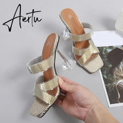 Silver Snake Print Womens Slippers Sandals Fashion Square Toe Transparent Strange Heels Mules Party Shoes Female Size 34-46 Aiertu