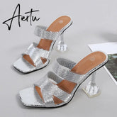 Silver Snake Print Womens Slippers Sandals Fashion Square Toe Transparent Strange Heels Mules Party Shoes Female Size 34-46 Aiertu