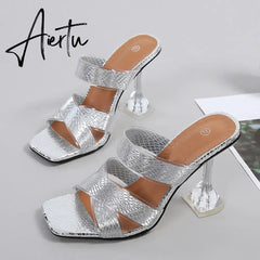Silver Snake Print Womens Slippers Sandals Fashion Square Toe Transparent Strange Heels Mules Party Shoes Female Size 34-46 Aiertu