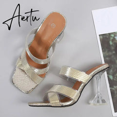 Silver Snake Print Womens Slippers Sandals Fashion Square Toe Transparent Strange Heels Mules Party Shoes Female Size 34-46 Aiertu