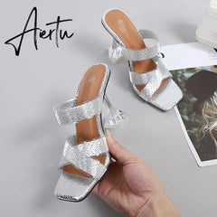 Silver Snake Print Womens Slippers Sandals Fashion Square Toe Transparent Strange Heels Mules Party Shoes Female Size 34-46 Aiertu