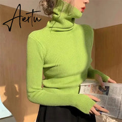 Simple Turtleneck Sweater Women Autumn Winter Casual Solid Color Slim Elastic Knit Pullover Female Soft Warm Jumper Basic Tops Aiertu