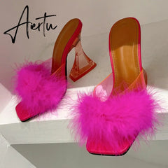 Size 35-41 Sexy Strange Transparent Heels Slippers Fashion Fur Feather Summer Sandals Peep Toe Slip-On Clear Shoes Women Slides Aiertu