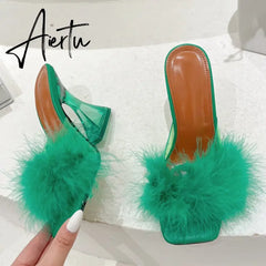 Size 35-41 Sexy Strange Transparent Heels Slippers Fashion Fur Feather Summer Sandals Peep Toe Slip-On Clear Shoes Women Slides Aiertu