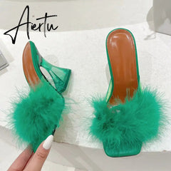 Size 35-41 Sexy Strange Transparent Heels Slippers Fashion Fur Feather Summer Sandals Peep Toe Slip-On Clear Shoes Women Slides Aiertu