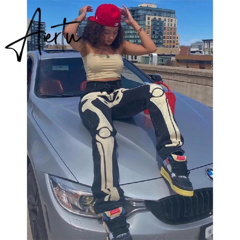 Skeleton Patterned Low Rise Jeans Streetwear Women Black Denim Trousers Cyber Y2k Goth Pants Fall Aiertu