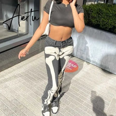 Skeleton Patterned Low Rise Jeans Streetwear Women Black Denim Trousers Cyber Y2k Goth Pants Fall Aiertu