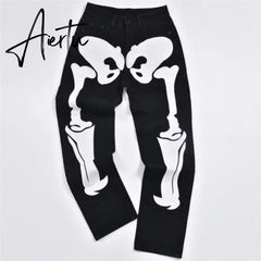 Skeleton Patterned Low Rise Jeans Streetwear Women Black Denim Trousers Cyber Y2k Goth Pants Fall Aiertu