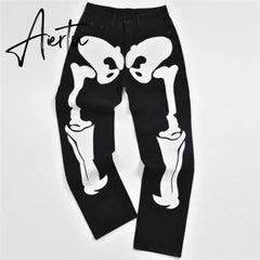 Skeleton Patterned Low Rise Jeans Streetwear Women Black Denim Trousers Cyber Y2k Goth Pants Fall Aiertu