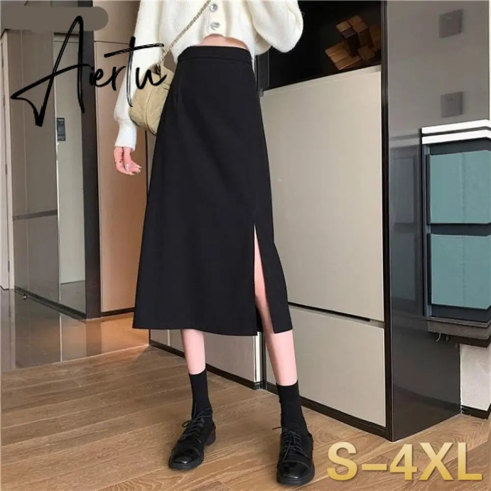 Skirts Women Black High-waist Side-split Midi Skirt Ladies Stretchy Body-con A-line Vintage Elegant All-match Simple Fashion New Aiertu