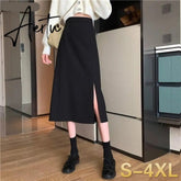 Skirts Women Black High-waist Side-split Midi Skirt Ladies Stretchy Body-con A-line Vintage Elegant All-match Simple Fashion New Aiertu